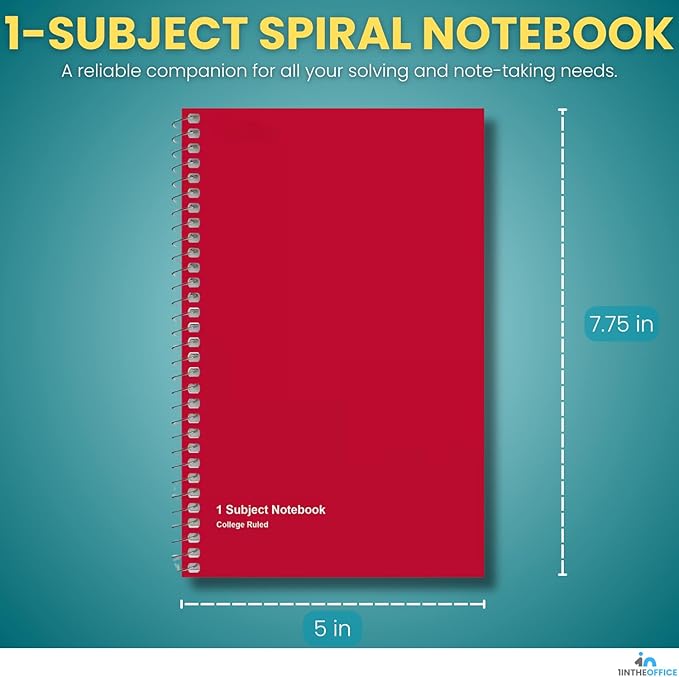 1InTheOffice 1-Subject Wirebound Notebook, College Ruled, 80 Sheets, Spiral Notebook 5x7, 7 3/4" x 5", 6/Pk (6)