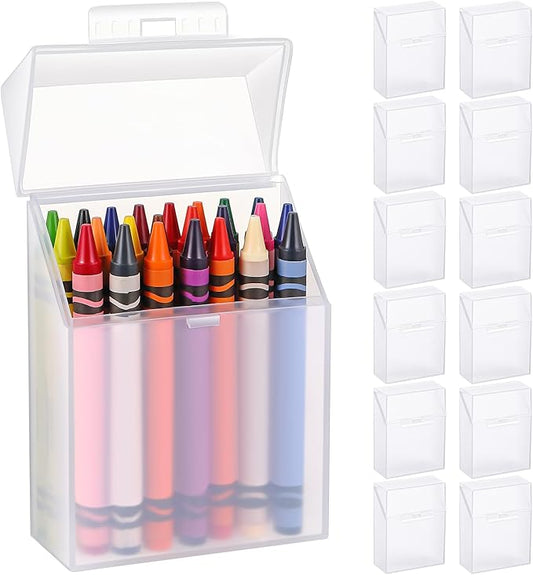 Clabby 12 Pcs Plastic Clear Crayon Box Bulk Holds 24 Crayon With Hinged Lid and Snap Closure for Pens School Office Supply Organization (Clear)