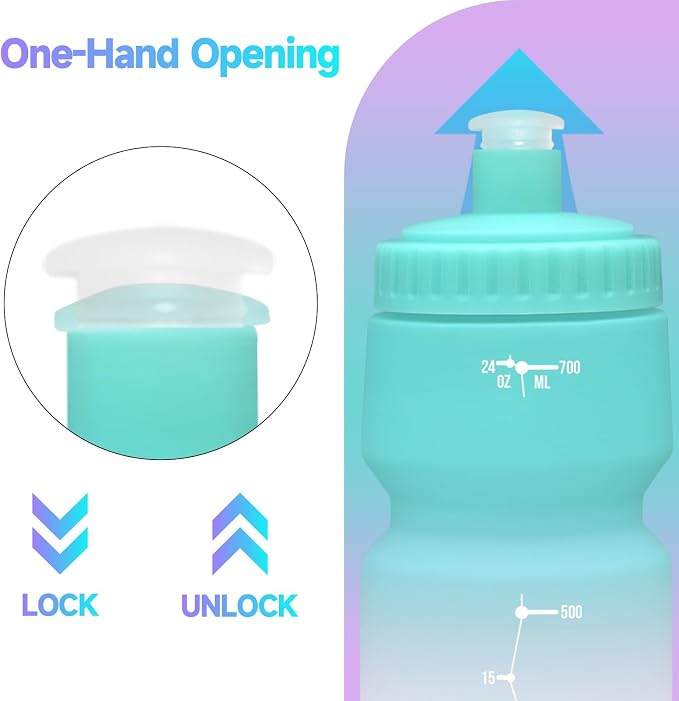 24oz Bike Water Bottle, Cycling Squeeze Water Bottle Leakproof BPA Free | with Capacity Scale w/Pull Top Lid, Reusable, for Bicycle, Gym,Camping, Hiking