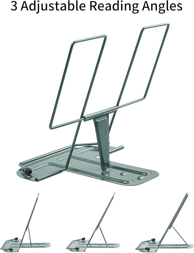 Metal Book Stand for Desk, Adjustable Reading Rest Book Holder, Portable Cookbook Documents Holder, Sturdy Typing Stand for Recipes Textbooks Tablet Music Books with Page Clips (Morandi Green)