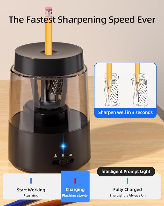 ZMOL Electric Rechargeable Pencil Sharpener, Automatic Pencil Sharpeners Kids, Battery Powered Pencil Sharpeners for Colored Pencils, Auto Stop, Suitable for No.2(6-8mm), Classroom/Home Black