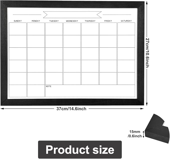 Dry Erase Monthly Calendar Whiteboard, Magnetic White Board for Wall, Hanging Board for Office, Home School, Solid Pine Wood Black Framed Message Board, 10.6"x 14.6"(YL-BK-2737-B)