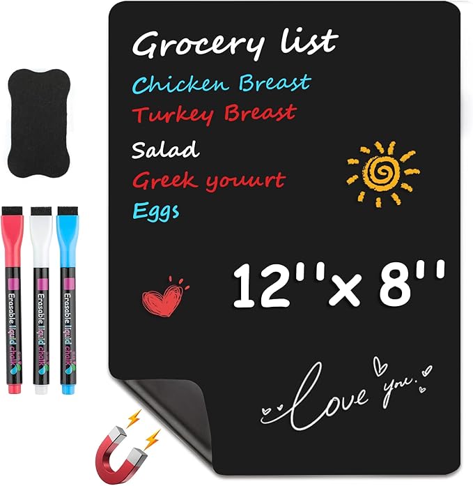 MaxGear Magnetic Black Dry Erase Board Sheet 12"x8" for Refrigerator, Small Fridge Magnetic Whiteboard for Kitchen, Fridge Shopping List for Family Planner and Grocery List, 3 Chalk Markers, 1 Eraser