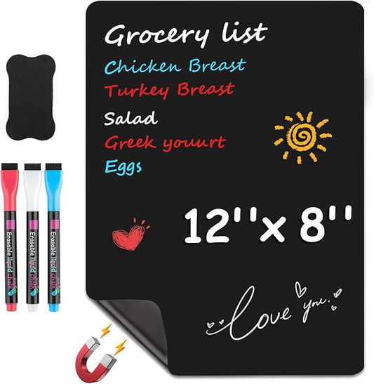 MaxGear Magnetic Black Dry Erase Board Sheet 12"x8" for Refrigerator, Small Fridge Magnetic Whiteboard for Kitchen, Fridge Shopping List for Family Planner and Grocery List, 3 Chalk Markers, 1 Eraser