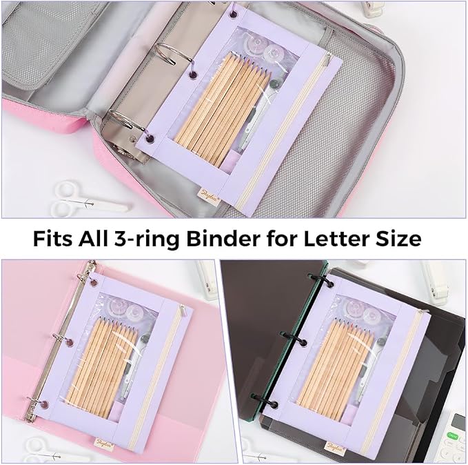SKYDUE Pencil Pouch for 3 Ring Binder, 9.8" x 7.3" Clear Window Pencil Bag | Zipper Pencil Pouches for Girls Boys, Pencil Pouch with 3 Reinforced Grommets, Durable Organizer for School Supplies