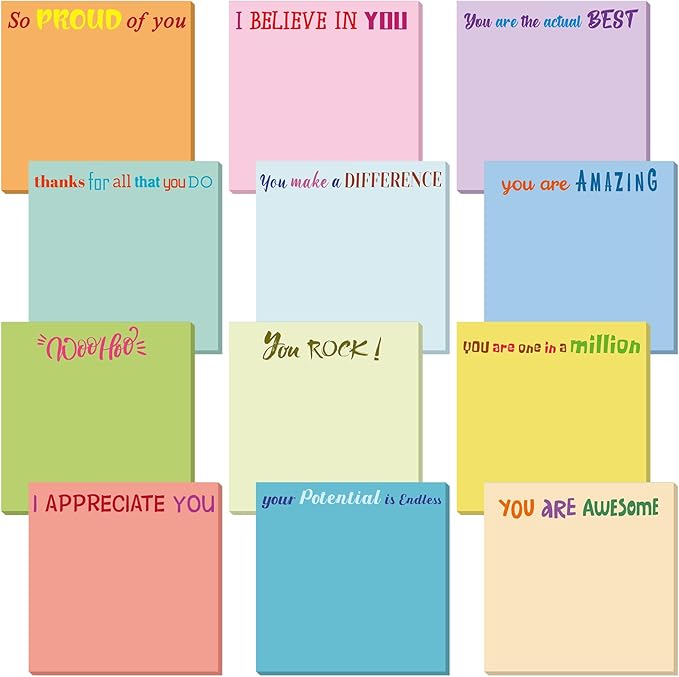 Yinder 12 Pcs Inspirational Sticky Notes Cute Motivational Sticky Notes Pad End of Year Employee Appreciation Gifts Bulk for Teacher Nurse Coworkers Office Supplies 3 x 3'' (Appreciation,Simple Color)