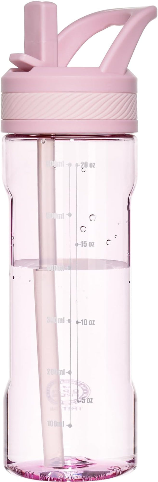 OLDLEY 20oz Kids Water Bottle with Straw, BPA-Free Tritan Water Bottle for School, Leakproof Clear Water Bottle with One Click Open, Measurement Scale, Cup Holder Friendly for Boys Girls,Pink