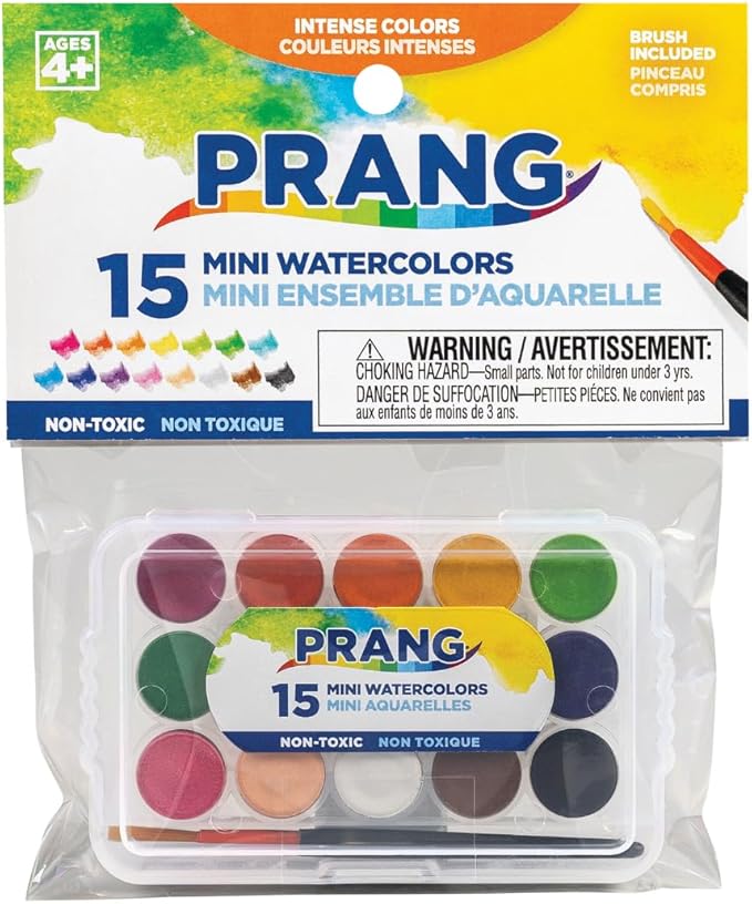 Prang Mini Watercolor Paint Set, 15 Assorted Colors and Mini Paint Brush, Small, Portable, and Travel-Friendly, Class Pack of 12 Sets