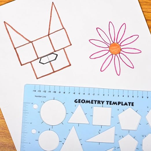 LEARNING ADVANTAGE Geometry Template | Sturdy Geometric Stencil to Draw 2D Shapes and Measure Angles | Includes Ruler and Number Line with Negative Values