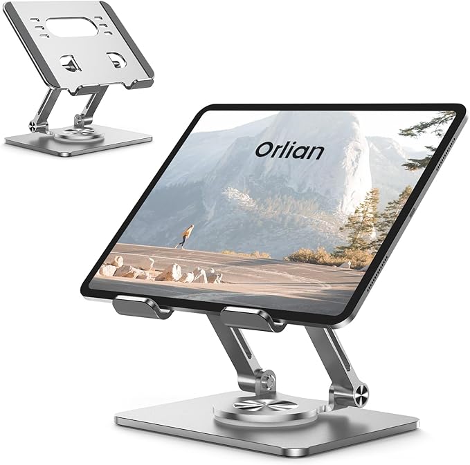 Orlian Tablet Stand Holder with Thickened 360°Rotating Base Dual Rod Adjustable Aluminum Stand for All 5.8-12.9” iPad Samsung Phone Tablet Kindle E-Reader and More, Silver