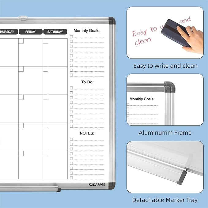 Whiteboard Dry Erase Calendar for Wall, Weekly & Monthly Planner, 36" x 24", Double-Sided, for Office, Home and School