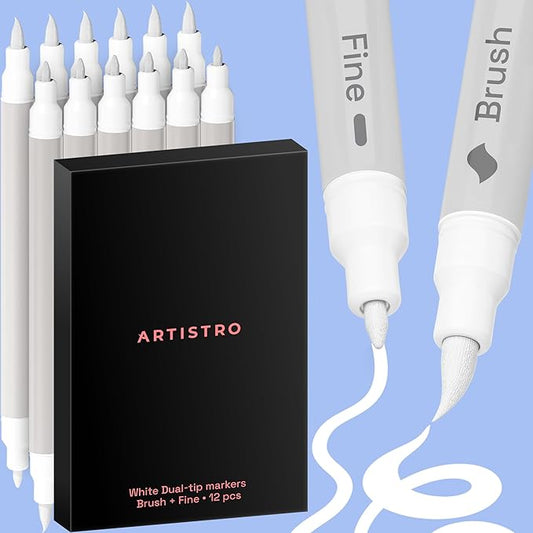 ARTISTRO 12 White Acrylic Paint Markers - Paint Pens for Drawing, Brush + Fine Tips - For Fabric, Rock, Glass, Wood, DIY - Art & Craft Supplies for Adults, Teens, Kids - Teacher Appreciation Gift