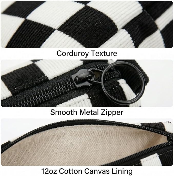 Soft Corduroy Pencil Case Pen Pouch Organizer, Small Stationery Bag | Cute Black Checkerboard Pencil Pouch, Smooth Zipper, Daily Cosmetics Holder, Compact Organizer for School Teen Girls, Women