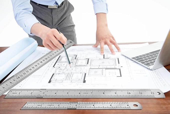 2 Pack Metal Ruler, Double-Sided Scale【6,12inch/15,30cm】 Steel Ruler Set for Architects, Home,School， Office, and Craft
