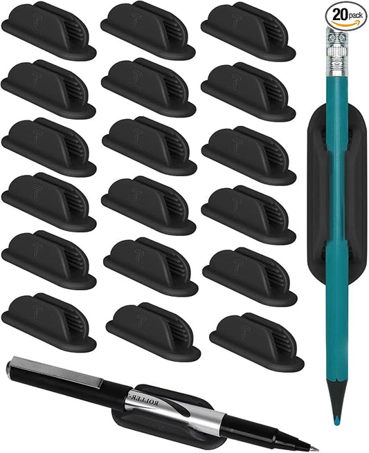 Tiizze Adhesive Pencil Holders for Desk Set of 20 - Silicone Pen Holder with Upgraded Acrylic Adhesive Pads - Flexible Desk Pencil Holder for Class Office Essentials Accessories, Teacher Supplies
