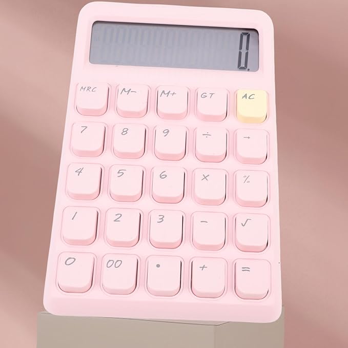 GLOGLOW Solar Power Calculator, ABS Material, 12 Digits Large LCD, Tactile Buttons, Great for Office Study and School Use (Pink)