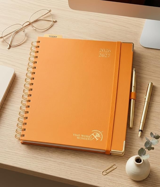 POPRUN 2026-2027 Monthly Planner, 18 Month Calendar (July 2026-Dec 2027), 7.5" x 9.5" B5 Spiral Hardcover Organizer with Dotted Note Pages, Professional Appointment Book for Business Office, Students & Teachers - Orange