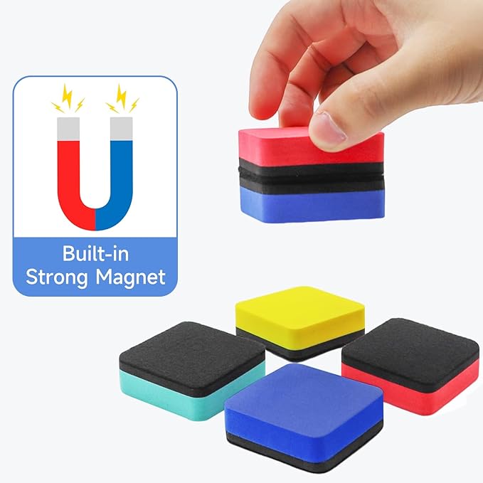 Dry Erase Erasers, 24 Pack Magnetic Whiteboard Erasers for Kids and Students, Mini Dry Erase Board Erasers for Classroom Home, and Office (Square, 6 Color)
