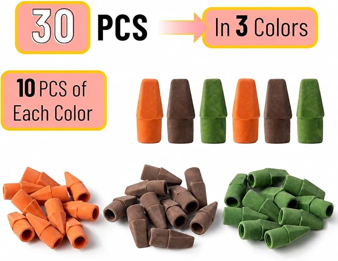 Mr. Pen- Pencil Erasers Toppers, 30 Pack, Colorful