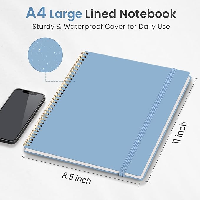 Taja Spiral Lined Notebook, 8.5"x11" Notebooks for Work, 6 Pack, Large A4 Journal for Women & Men, College Ruled Journaling Notebook for Writing, 6 Pcs, Plastic Cover Spiral Journal, Blue