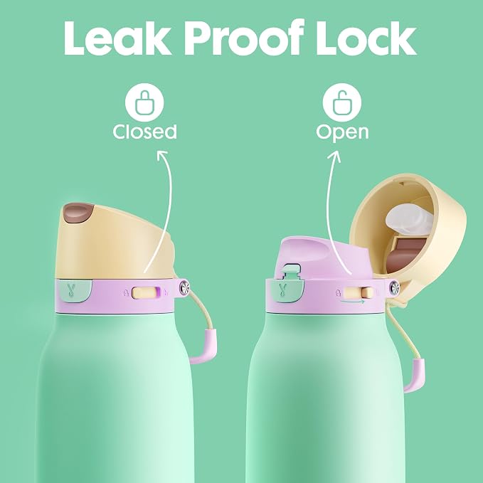 Meoky 24 oz Slim Insulated Water Bottle: 2-in-1 Locking Lid, Lime | Leak Proof, Straw and Spout, 24 Hours Cold, Top Handle, BPA Free, Stainless Steel Water Bottle for Adults Teens Sports Travel