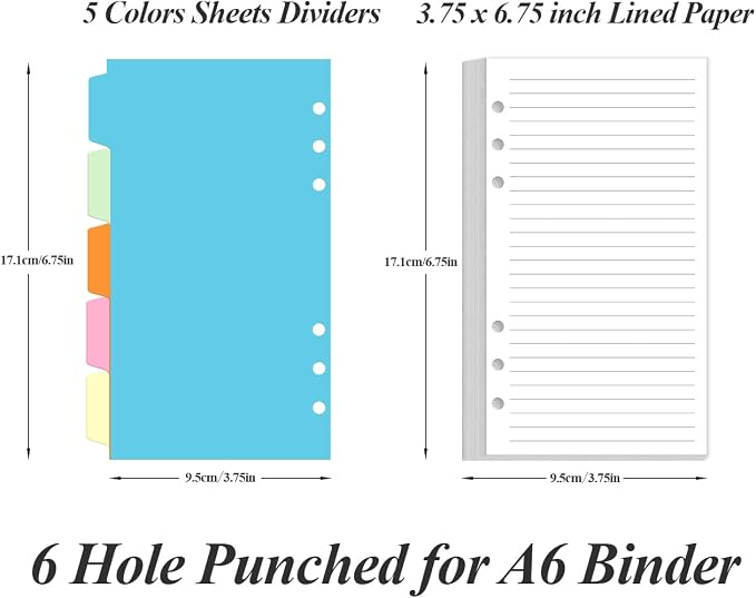 (2-Pack) A6 Lined Paper Refills for Filofax Personal Binder Planner - 160 Sheets/320 Pages Paper with 5 Colorful Binder Dividers, 3.75" x 6.75"