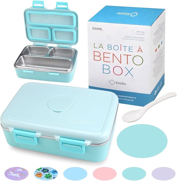 kinsho Small Stainless Steel Bento Box Lunch Container Baby Toddlers, Green | Small Bento, 3 Eco Metal Portion Sections, Silicone Seals, Leakproof Lid, Spill-Proof Meal Container for Pre-School & Daycare