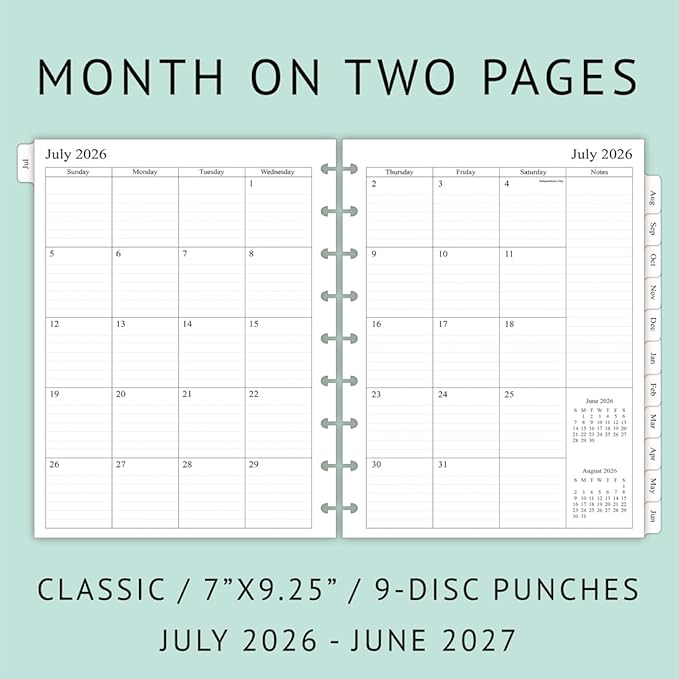 2026-2027 Planner Refills for Happy Planner Classic Notebook, Weekly & Monthly, Jul 2026 - Jun 2027, 7" x 9-1/4", 9-Disc Pre-punched