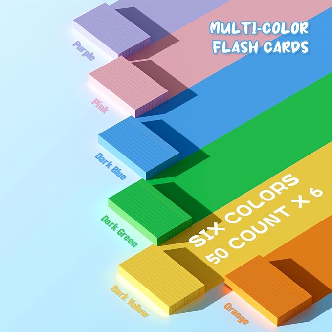 Colored Index Cards 3x5, 300 Count Flashcards for Studying, 6 Bright Colors Note Cards 3x5, 50 Sheets Per Color, Colored Notecards 3x5 Lined, Colorful Index Cards Ruled for School, Office and Home