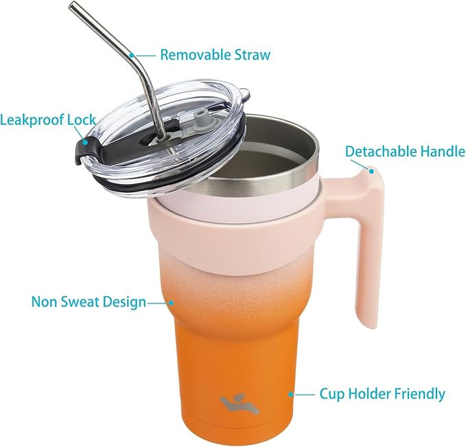 Konokyo 30 oz Tumbler with Handle and 2 Straw 2 Lid, Insulated Water Bottle Stainless Steel Vacuum Cup Reusable Travel Mug,Coral