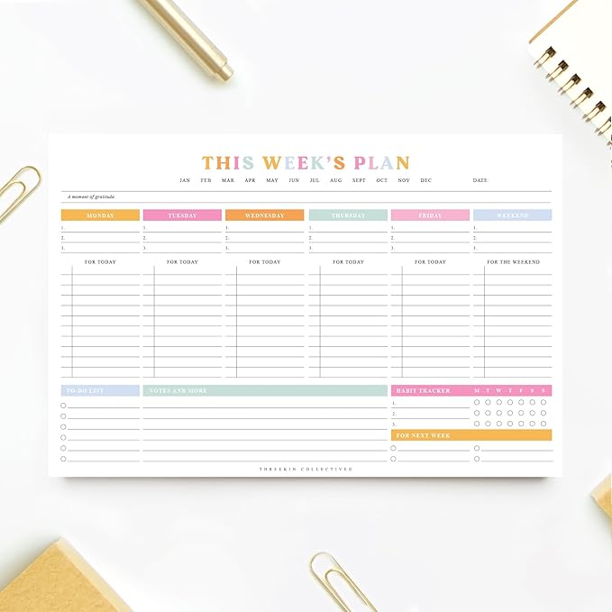 ThreeKin Weekly Planner - Premium 52-Sheet Tear-Off Notepad, 6 x 9 inches, Clean Colorful Design, Perfect for Work, School, Projects, and Entrepreneurs, Female & USA Owned Business
