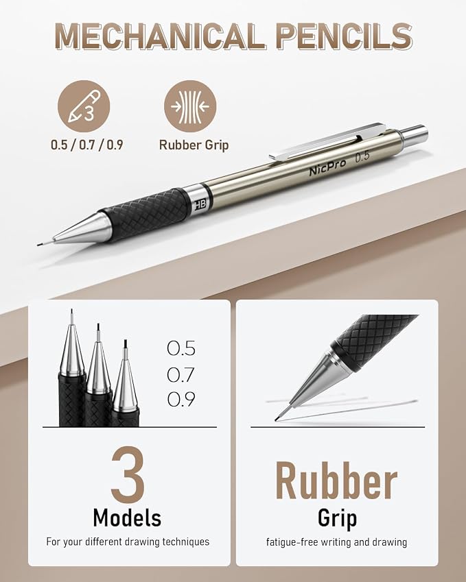 Nicpro 30PCS Art Mechanical Pencil Set in Leather Case | Metal Drafting Pencil 0.5/0.7/0.9 & 3×2mm Lead Holders for Sketching Drawing With 252 (6B 4B 2B HB 2H 4H Colors) Lead Refills
