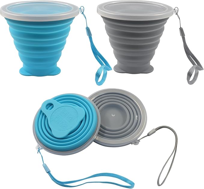 Bonsicoky 2 Pack Collapsible Cup, Folding Travel Mug with Lid, 270ml Portable Cup for Hiking, Camping, Outdoor & Daily Use, Blue and Gray (Collapses to 0.55 Inch)