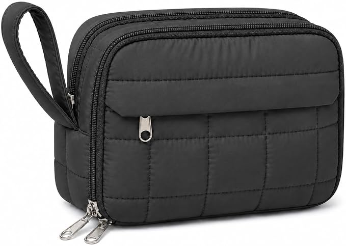 Puffer Quilted Pencil Pouch for Women, Large Capacity Organizer Bag with Multiple Compartments, Cute Aesthetic Pencil Case for Office, Travel & Daily Essentials (black)