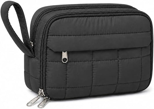 Puffer Quilted Pencil Pouch for Women, Large Capacity Organizer Bag with Multiple Compartments, Cute Aesthetic Pencil Case for Office, Travel & Daily Essentials (black)
