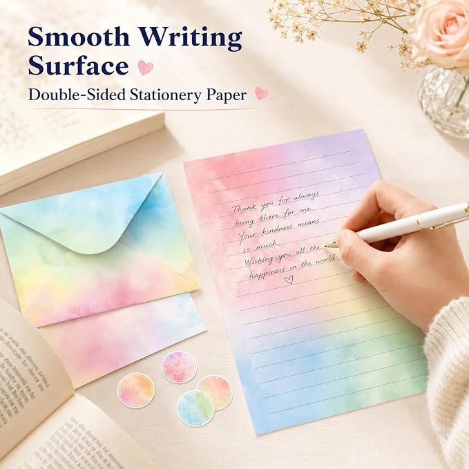 160 Pcs Stationery Writing Paper with Envelopes, 50 Double Sided Stationery Papers with 50 Matching Envelopes and 60 Round Dot Sticker, 10 Unique Designs