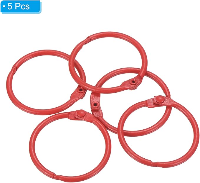PATIKIL Loose Leaf Binder Rings 1 Inch, 5 Pack Metal Flash Card Book Binding Rings for Key Chain Index Card Scrapbooks, Red