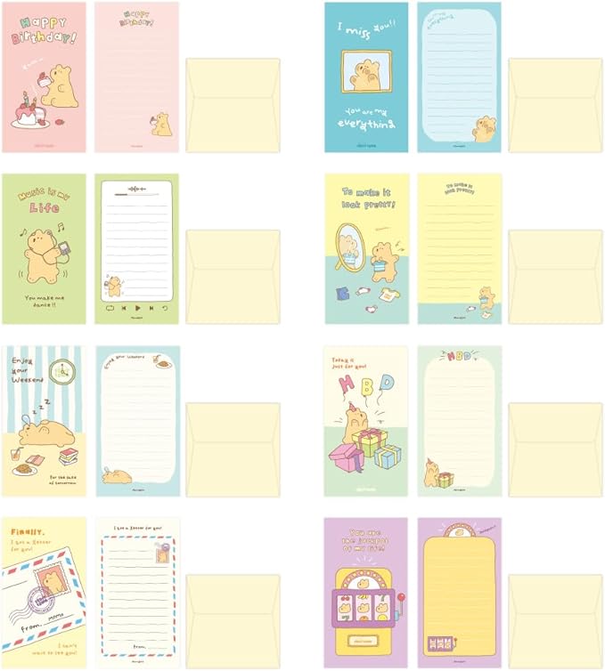 Monolike Storytown Momo Mini Letter Paper and Envelopes Set - 8Type, 32 Letter Paper + 16 Envelopes