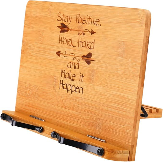 MEGREZ Bamboo Book Stand, 13.2 x 9.4 inch, Foldable Cookbook Holder with 6 Adjustable Heights, Reading Stand for Recipe, Music, Textbook, Tablet, Stay Positive