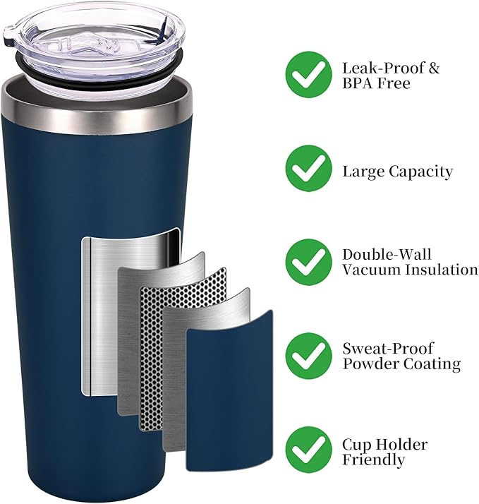 NESTALLY Coast 20oz Stainless Steel Tumbler, Extra Capacity Holds Up to 22oz, Double Wall Vacuum Insulated Travel Coffee Mug with Lid & Metal Straw, Leakproof Reusable Cup for Travel (Navy Blue)