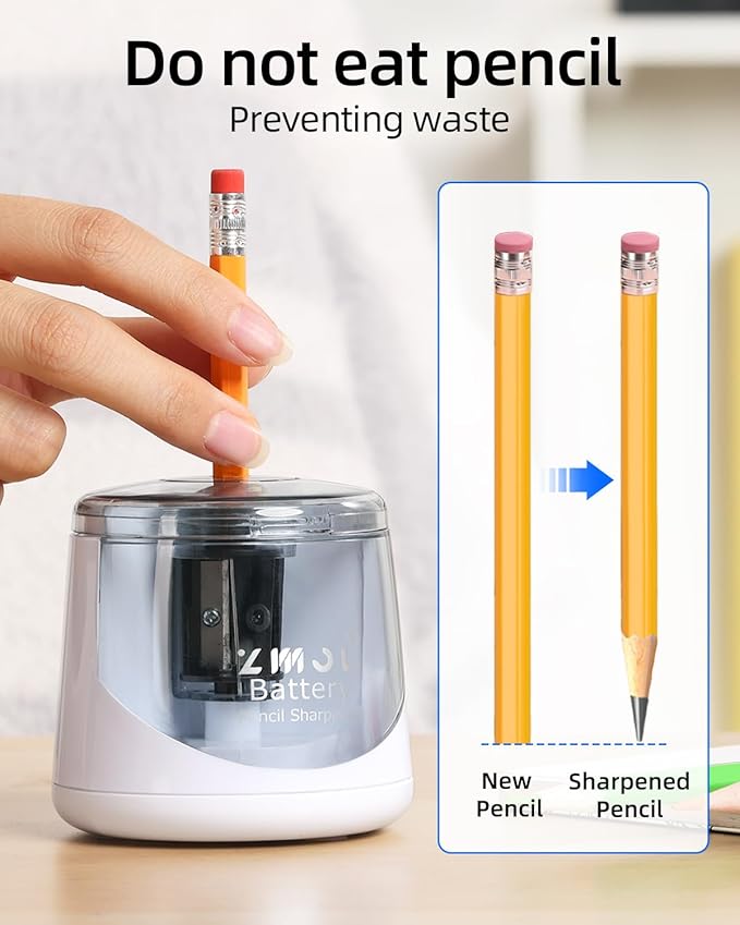 ZMOL Battery Powered Electric Pencil Sharpener,Small Battery Operated Pencil Sharpeners Portable,Fast Sharpen, Suitable for No.2/Colored Pencils(6-8mm), School/Classroom/Office/Home White