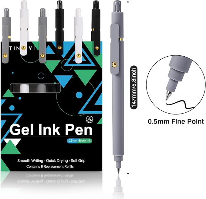 Gel Pens, 6 Pack 0.5mm Fine Point Pen Black Ink with 6 Refills, Quick Dry & No Smear, Smooth Writing Pens for Journaling, Back to School Supplies Office Desk Accessories Gifts for Nurse Women