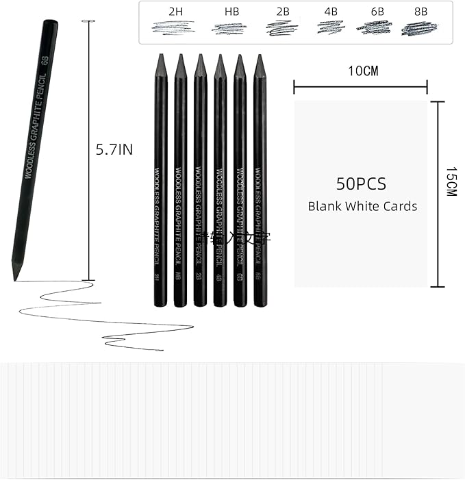 LIVHOLIC Woodless Graphite Drawing Pencils Set,6 Black Lead Pre-Sharpened 2H HB, 2B, 4B, 6B 8B Degrees Coloring Pencils, 50PK Blank Watercolor Card for Sketching,Writing,Shading