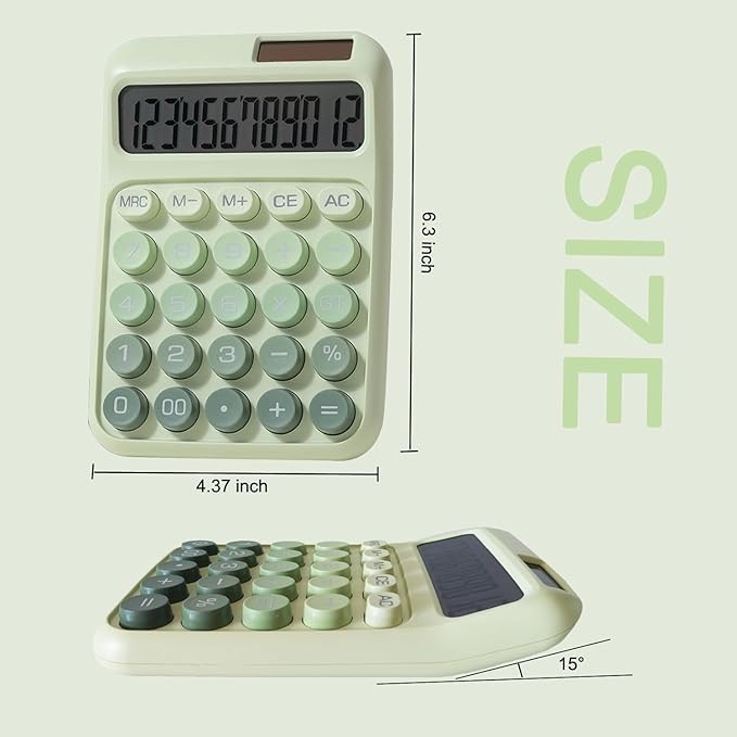 Desk Calculator, Merchanical Big Buttons,12 Digits Large LCD Display Calculadora, Solar and Battery Dual Power, Battery Include, Cute Basic Calculator for School,Office,Home,Business (Green)