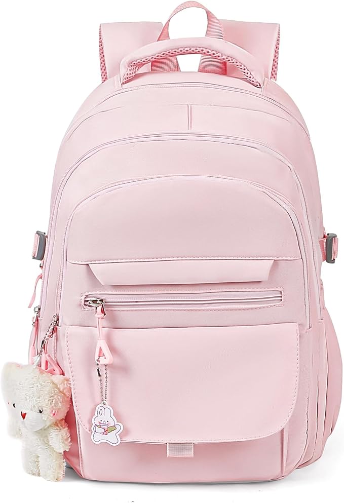 PRLINJSK Girls Backpack for College High Middle School Student, Cute Aesthetic Bookbag for Teens Women with Accessories,Pink