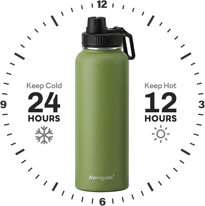 Navigate 40 oz Insulated Stainless Steel Sports Water Bottle with Spout & Handle Lids,Wide Mouth Water Jug with Double Walled Leak Proof Keep Cold for 24 Hrs Hot for 12 Hrs,Dark Green