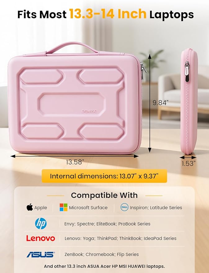 DOMISO Laptop Hard Case 14-14.4 inch Waterproof Shockproof Hard Shell Laptop Sleeve with Handle & Storage Pocket, Compatible with MacBook, HP, Dell,Pink