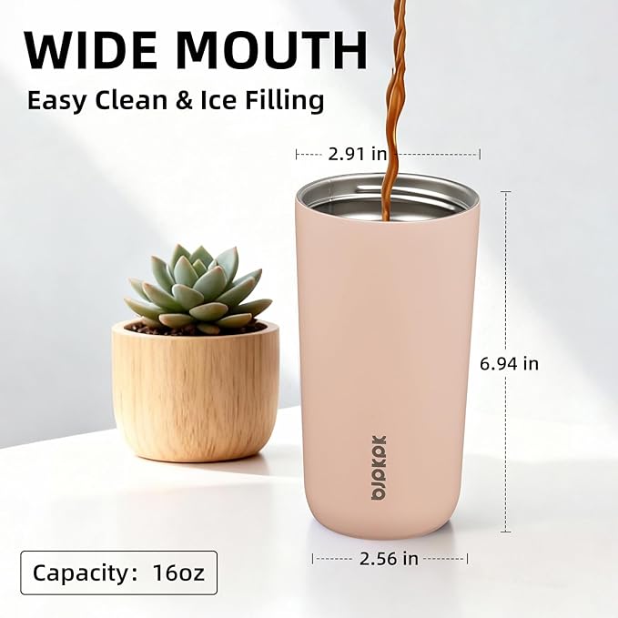 BJPKPK 16oz Insulated Tumbler with Lid,Travel Coffee Mug Stainless Steel,Leakproof Reusable Thermal Cup for Cold and Hot Drinks,Peach