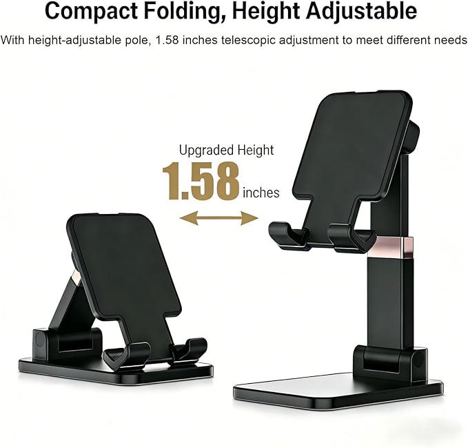 Adjustable Phone Stand for Desk - Foldable Cell Phone Holder for All Phones and Android Devices(1 Pack Black)