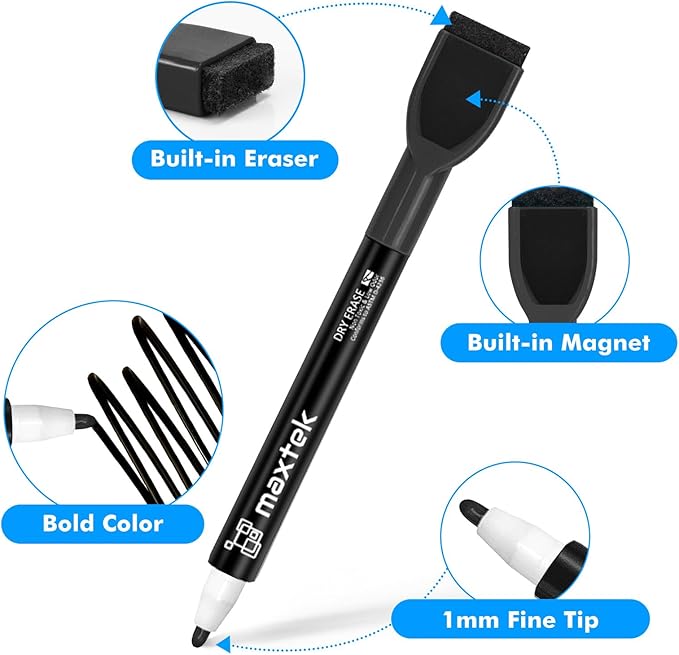 maxtek Magnetic Black Dry Erase Markers, 6 Count Fine Tip Whiteboard Markers with Eraser, Thin Markers Low Odor for Classroom, Office, Home